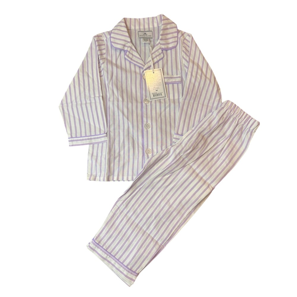 Petite Plume Girls Lavender French Ticking Pajama Set Purple Stripe Size 3 NEW